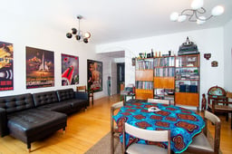 Modern furnished apartment with open kitchen and city view