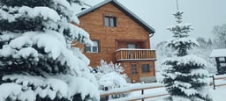 Log cabin house with fireplace and countryside surroundings
